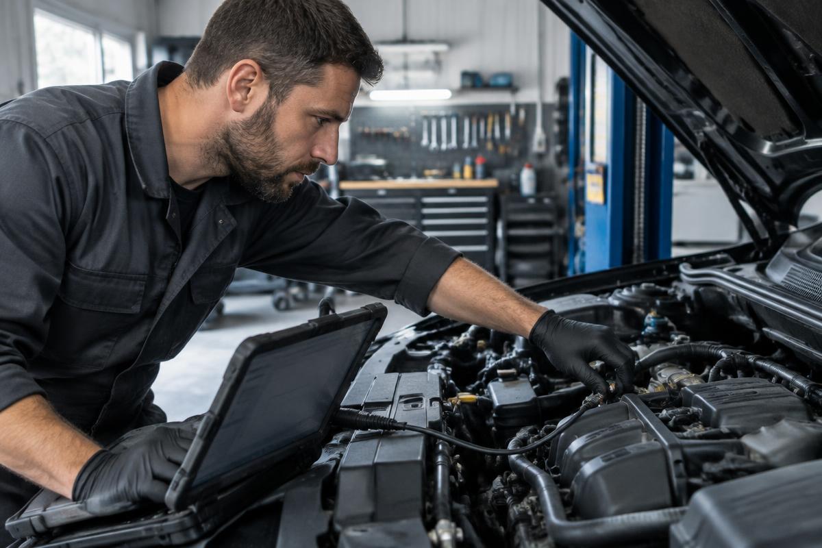 Mechanic tuning a vehicle engine